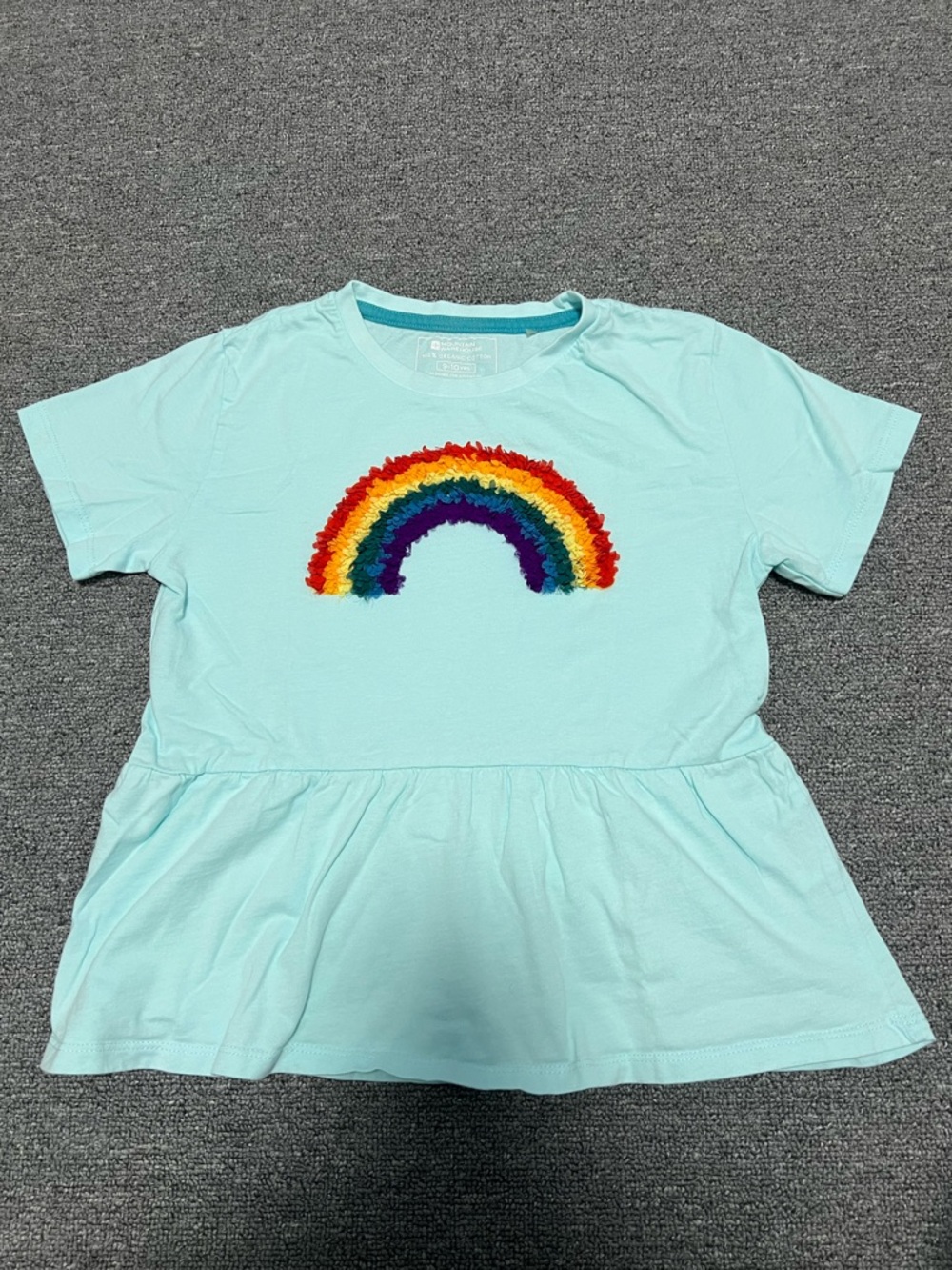Girl’s Light Aqua Short-Sleeve Peplum Tee with Rainbow Appliqué